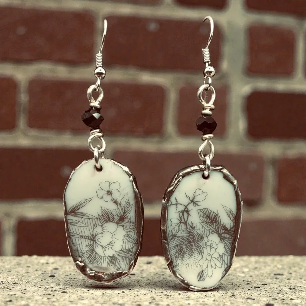 Florentine Sango Broken China Earrings - Vintage Floral Sterling Silver Dangles - Picture 5 of 14